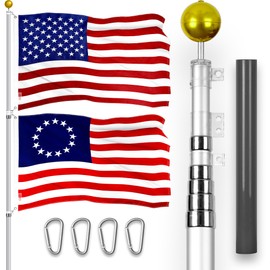 G128 Combo Pack: 25 Ft Telescoping Aluminum Flagpole (Silver) & American and Betsy Ross Flags 3x5 Ft, Both ToughWeave Series Embroidered Polyester | Pole with Flags Included