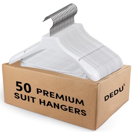 Suit Hangers for Men 50 Pack, White Coat Hangers Extra Wide Non Slip Width 17.7", Thick Plastic with Pants Bar & Metal Hook