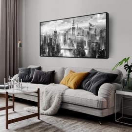 GUGIKA New York City Wall Art for Living Room, Black and White Canvas Wall-Decor for Bedroom, Gray Print for Home, Size 24x48 Inches