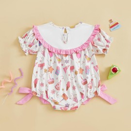 woshilaocai Baby Girl First Birthday Outfit One Romper Smocked Bow Jumpsuit Infant One Birthday Clothes (Ice Cream&Pink, 6-12 Months)