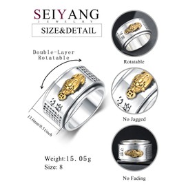 Seiyang Feng Shui Ring 925 Sterling Silver Chinese Mantra Spinner Ring Anillo Pixiu Buddhist Amulet Jewelry Good Luck Health Gift for Men Women