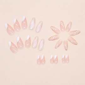 RUOKEXIN Almond Press on Nails French Tip Fake Nails Gold Glitter False Nails with Leaves Designs Medium Length Nail Press ons Sparkly Artificial Nails Cute Stick on Nails for Women 24Pcs