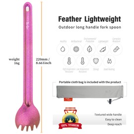 TiTo Titanium Long Handle Spork and Spoon Eco-Friendly Ultralight Portabale Flatware for Outdoor Camping Backpacking Hiking Travel Picnic Tableware with Bag (Bright Rose Spork)