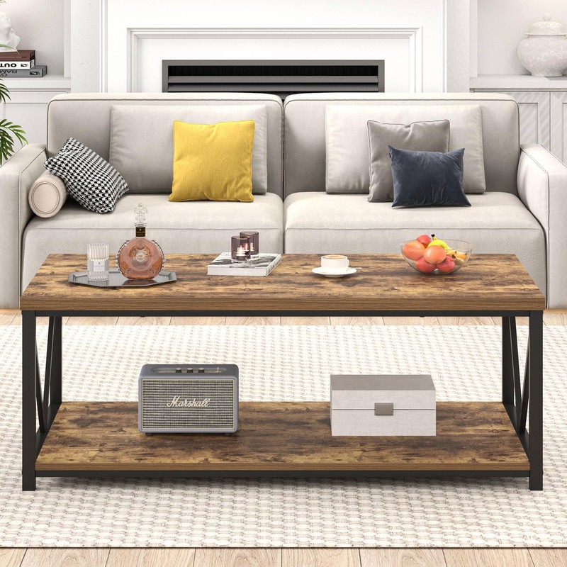 EXCEFUR Modern Coffee Table, Rustic Wood and Metal Living Room