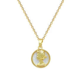 Round Lady Cameo Pendant Necklace for Women 14K Gold Plated Titanium Steel Dainty Circle Shell Pearl Embossed Charms Link Chain Adjustable Elegant Birthday Anniversary Jewelry