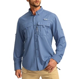 Men's Sun Protection Fishing Shirts Long Sleeve Travel Work Shirts for Men UPF50+ Button Down Shirts with Zipper Pockets(Mallard Blue Large)
