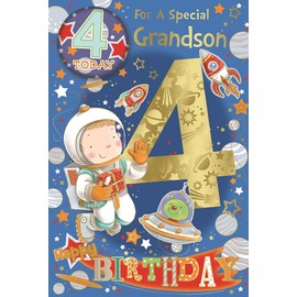 Grandson 4th Birthday Card & Badge - 4 Today Boy in Space Gold Foil 9" x 6"