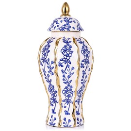 White and Gold Blue Luxury Ceramic Ginger Jar Vase with Lid - Modern Geometry Decorative Vase for Home Decor, Living Room, Kitchen, Dining Table, Cabinet Decor