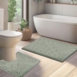 LUSCHEER 2 Piece Bath Mat Set, Luxury Chenille Ultra Soft Plush Non Slip Rug and Toilet Mat, Water Absorbent Machine Washable for Bathroom Floor (Grey, 80 x 50 cm + U Shaped 50 x 50 cm)