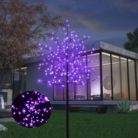 LED Solar Lighted Cherry Blossom Tree,6Ft Light up Cherry Tree Outdoor with 200 Crystal Flower Detachable for Pathway Porch Yard Patio Garden Decor Holiday Decorations Christmas Easter Purple Glow