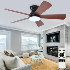 Depuley Modern Ceiling Fan with Light: 42-Inch Black Small Fans for Bedroom Indoor Outdoor - Dimmable Low Profile Ceiling Fans with Remote Control Flush Mount 5 Reversible Walnut Blades 6 Speeds Timer
