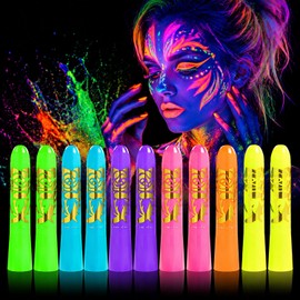 12 Pack UV Neon Face & Body Paint Sticks, Vibrant Black Light Reactive Colors for Halloween, Rave Parties, Festivals, Cosplay Makeup & Body Art, Easy Apply Washable Formula(12color stick)