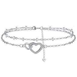 Hifeeled Anklet Women's 925 Silver Double Chain with Ball Beads Anklet Summer Barefoot Beach Anklets Adjustable 22 cm + 4, Silver, Cubic Zirconia