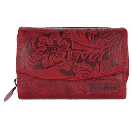 Chunkyrayan P GB-6 Genuine Leather Women's Wallet High-Quality Vintage RFID Protection with Leather Keyring Red Flower