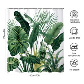 NEJLCTOROUS Shower Curtain Green,Tropical Leaves Bathroom Curtain 180 x 180 cm,Polyester Washable Fabric Leaf Plant Bath Curtain with 12 Hooks for Wet Room (180cm X 180cm)