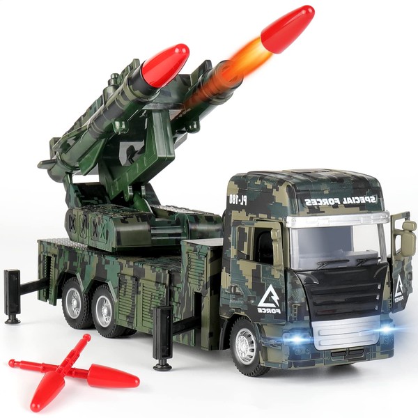 JuanKidbo Military Toys For , Army Vehicle with 360°Rotating Turret, Missile Launcher Truck Light & Sound, Pull Back Die-Cast Vehicles Models Toy Cars 3 Year Old Up Green, (803-2EU)
