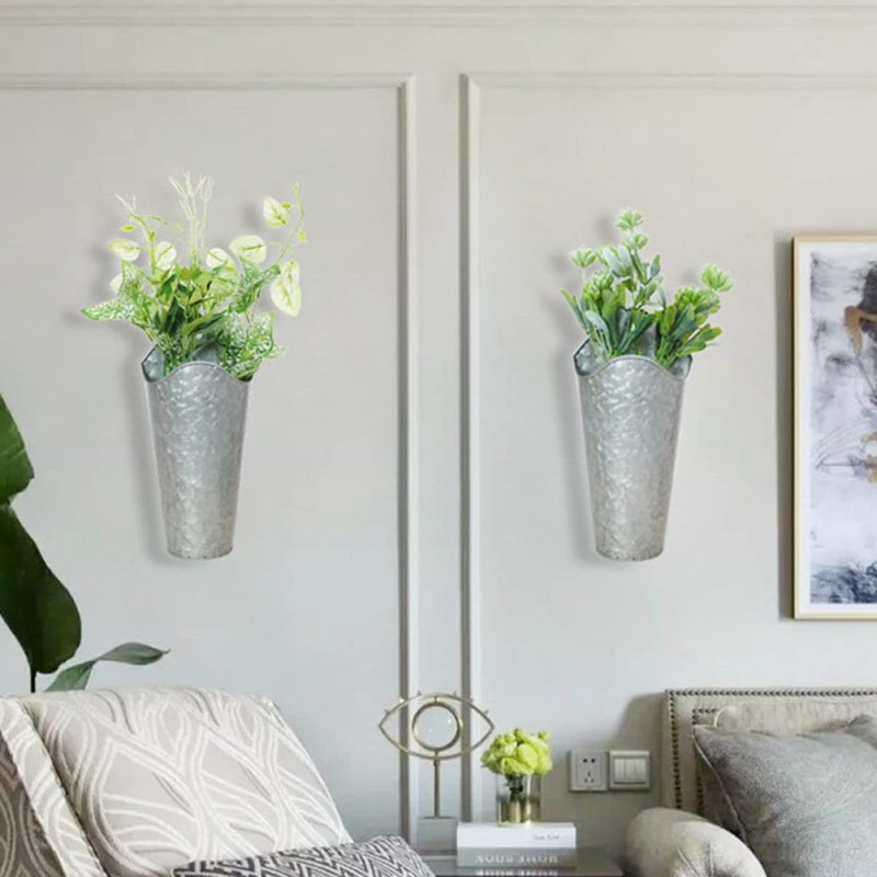 Kisangel 2pcs Iron Wall-Mounted Flower Pots Galvanized Hanging for Decorative