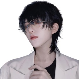 FESHFEN Wig, Men's Wig, Wolf, Black Hair, Full Wig, Wolf Cut, Men's Clothing, Black, Short, Handsome, Everyday Use, Loose and Fluffy, Fashion, Handsome, Natural, Unisex, Heat Resistant, Popular,