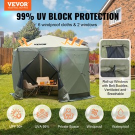 VEVOR Pop Up Gazebo Screen Tent 6 Sided Canopy Sun Shelter with 6 Removable Privacy Wind Cloths & Mesh Windows, 10x10FT Quick Set Screen Tent with Mosquito Netting, Army Green