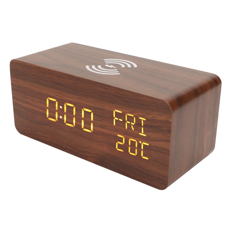 Wooden Digital Alarm Clock Yellow LED Display Adjustable Dimmer Weekday