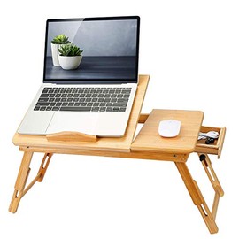 Bamboo Laptop Desk Breakfast Serving Bed Tray Foldable Leg Multi-Position Adjustable Tilt Surface Bed Lap Tray with Side Storage Drawer for Work Study Reading Eating Food