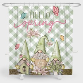 Jztfrie Hello Spring Shower Curtain Curtains for Bathroom Spring Gnomes Shower Curtain Sets Waterproof Fabric Sage Green Gnomes Shower Curtains 72''Wx72''H with 12 Hooks