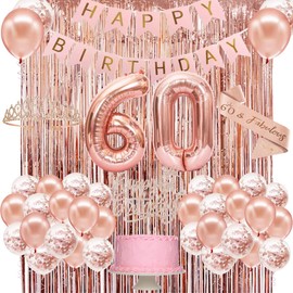 PopularLdo 60th Birthday Decorations Women, Rose Gold 60 Birthday Party Decorations for Women, Happy 60th Birthday Banner, Crown, Sash, Cake Topper and Number Balloon, 60th Birthday Gifts for Women Decorations