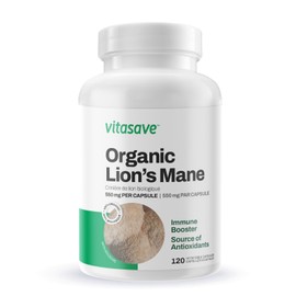 Vitasave Organic Lion's Mane Capsules - 1,100mg Per Serving - 120 Vegetarian Capsules - Non-GMO, Vegan, Gluten-Free, Made in Canada