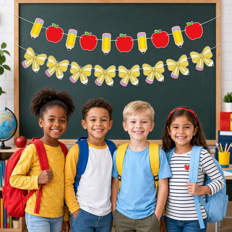 Back to School Decorations, Pencil Apple Bow Banner Garland NO