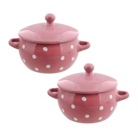 Servette Home Soup Bowls with Handles and Lids Ceramic Polka Dot Set of 2 Pink