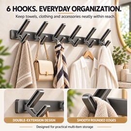 No-Drill Aluminum Wall Hooks for Clothes & Towels – 6-Hook Space-Saving Hanger for Bathroom, Door & Home Organization