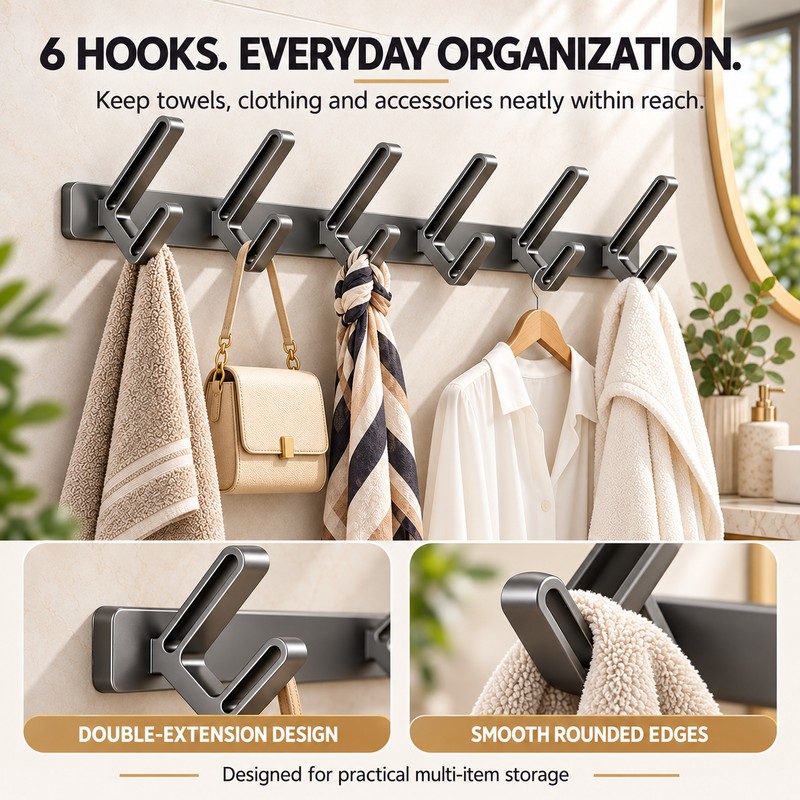 No-Drill Aluminum Wall Hooks for Clothes & Towels – 6-Hook