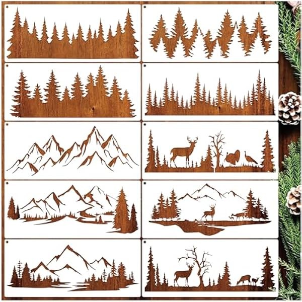 10 Pieces Pine Tree Stencils for Painting, Mountain Stencil Template