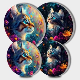Walarky Round Stove Covers with Cat and Flower Picture, 4 Pieces Stove Covers for Stove Gas Burner Cookware Accessories Decorative Decoration