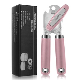 Safring Can Opener Manual, Heavy Duty Handheld Strong Can Opener with Soft Touch Handle, Sharp Blade Smooth Edge, Can Openers with Multifunctional Bottle Opener, Pink