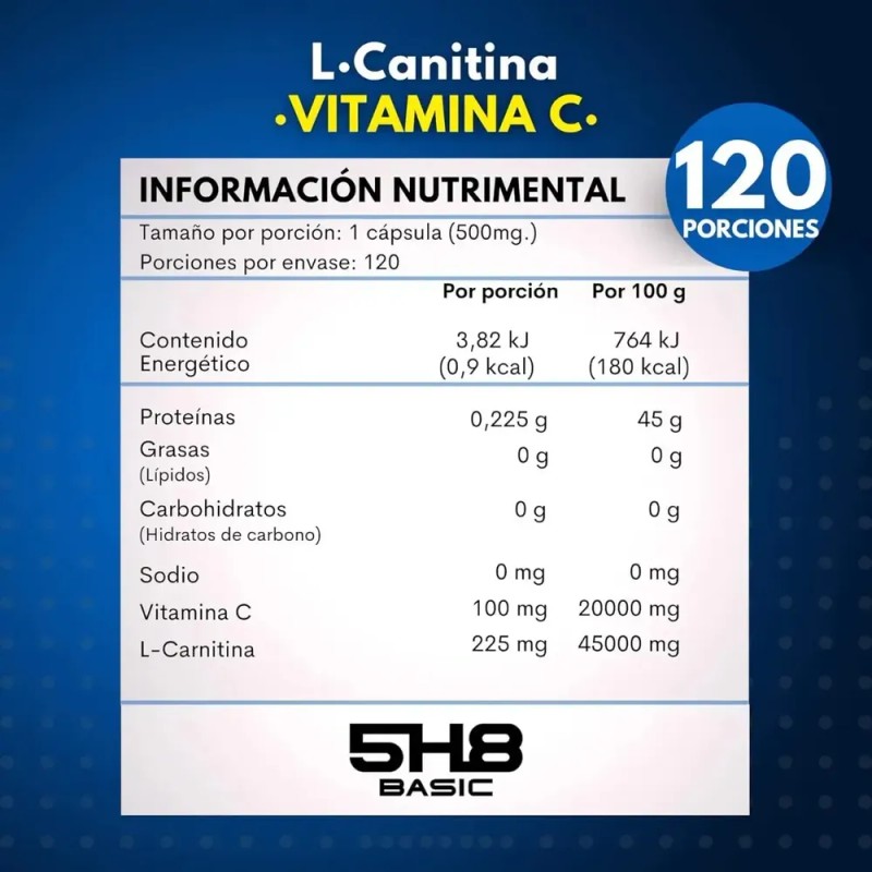 5h8 L-carnitina + Vitamina C 120 Cápsulas Termogénicas Sabor Sin