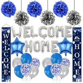 Baby Shower Decorations Boy Blue - 32 Pcs Welcome Home Decorations Including Silver Welcome Home Letter Balloons Pompoms Door Curtain for House Party Graduation Baby Boys Gender Reveal Decorations