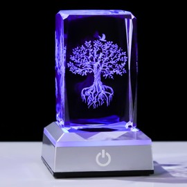 Enjinkail Tree of Life Crystal Cube - 3D Laser Engraved Color Changing LED Light Base | Premium Home Desk Decor, Spiritual Gifts for Women Men, Night Light & Paperweight