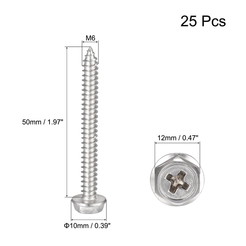 sourcing map Phillips Hex Washer Self Tapping Screws, M6 x