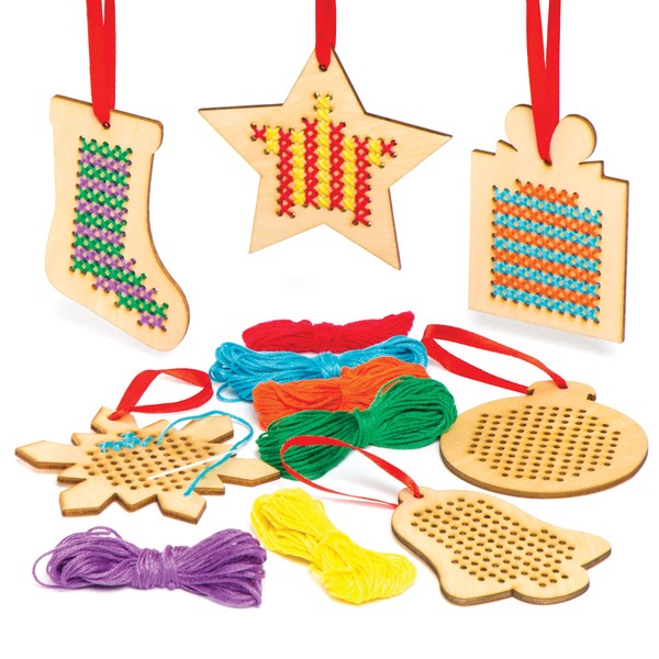 Kit per decorazioni natalizie in legno a punto croce Baker Ross (confezione da 6)- Ideale per progetti artistici per bambini, regali, ricordi e altro.