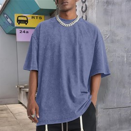 Bobeutou Oversized Vintage Acid Wash Tshirt for Men Cotton Solid T Shirt Streetwear Basic Tees Casual Baggy Loose Shirts Tops (Blue,4XL)