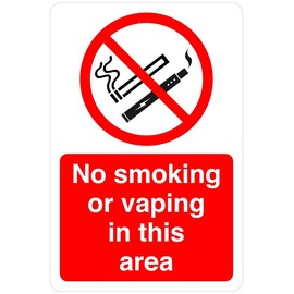 No smoking or vaping in this area safety sign- 1.2mm Rigid plastic for indoor/outdoor usage (300mm x 200mm) Viewing Distance within 7m.