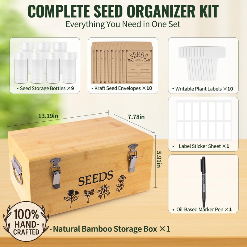 Intarsio Large Bamboo Wood Seed Storage Organizer Box with Lid,Double-Layer