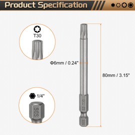 sourcing map 5pcs T30 Torx Head Screwdriver Bit 1/4" Hex Shank 3.15" (80mm) Long Magnetic No Hole Tip Tamper Proof 6 Point Star Screw Driver Drill Bits S2 Steel Industrial Power Screwdrivers