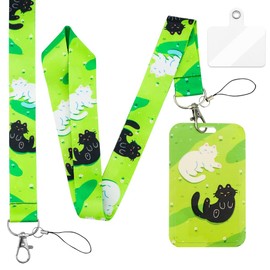 Personality Cat Lanyard ID Badge Holder, Lanyard with Card Holder for Women Men Nurse Teachers Students in Daily Life and Office Scenarios (Green)