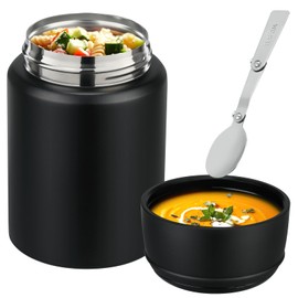 Aimsnk 17oz Soup Thermo for Hot Food Kids Insulated Food Jar,Thermo Hot Food Lunch Container, Width Mouth Stainless Steel Lunch Box for Kids with Handle Folding Spoon(Black-Pure)