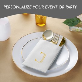 50-Pack Monogrammed Napkins With Pocket For Flatware, 16" x 16" Gold Foil Letter D Disposable Linen-Feel Napkins, Prefolded Silverware Pocket Napkins For wedding, Party Or Baby Shower