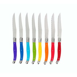 French Home Laguiole 8-Piece Steak Knife Set – Sophisticated Stainless Steel Dinner Knives with Rainbow Handles & Iconic Bee Emblem – Serrated Knives for Smooth Cutting (9.25")