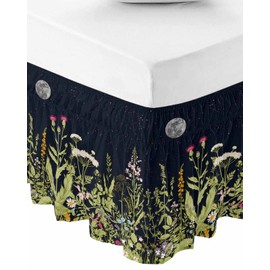 RisQiten Spring Floral Bed Skirt Queen Size 18 Inch Drop, Summer Botanical Flower Adjustable Elastic Bedskirt Dust Ruffle for Queen Bed, Starry Sky Black Wrap Around Bed Skirts Pleated Bed Frame Cover