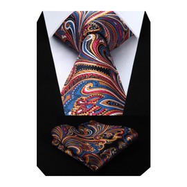 HISDERN Floral Paisley Wedding Tie Handkerchief Men's Necktie & Pocket Square Set Orange & Navy Blue